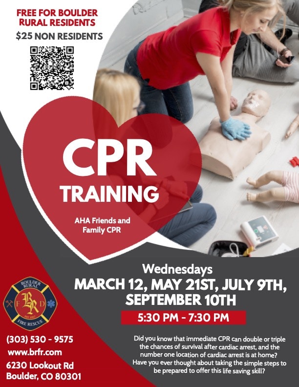 CPR training flyer: Free for Boulder residents, $25 non-residents. Dates: Mar 12, May 21, Jul 9, Sep 10. Time: 5:30-7:30 PM.