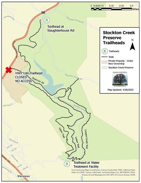 Map of Stockton Creek Preserve showing trails, closed trailhead, and property boundaries.