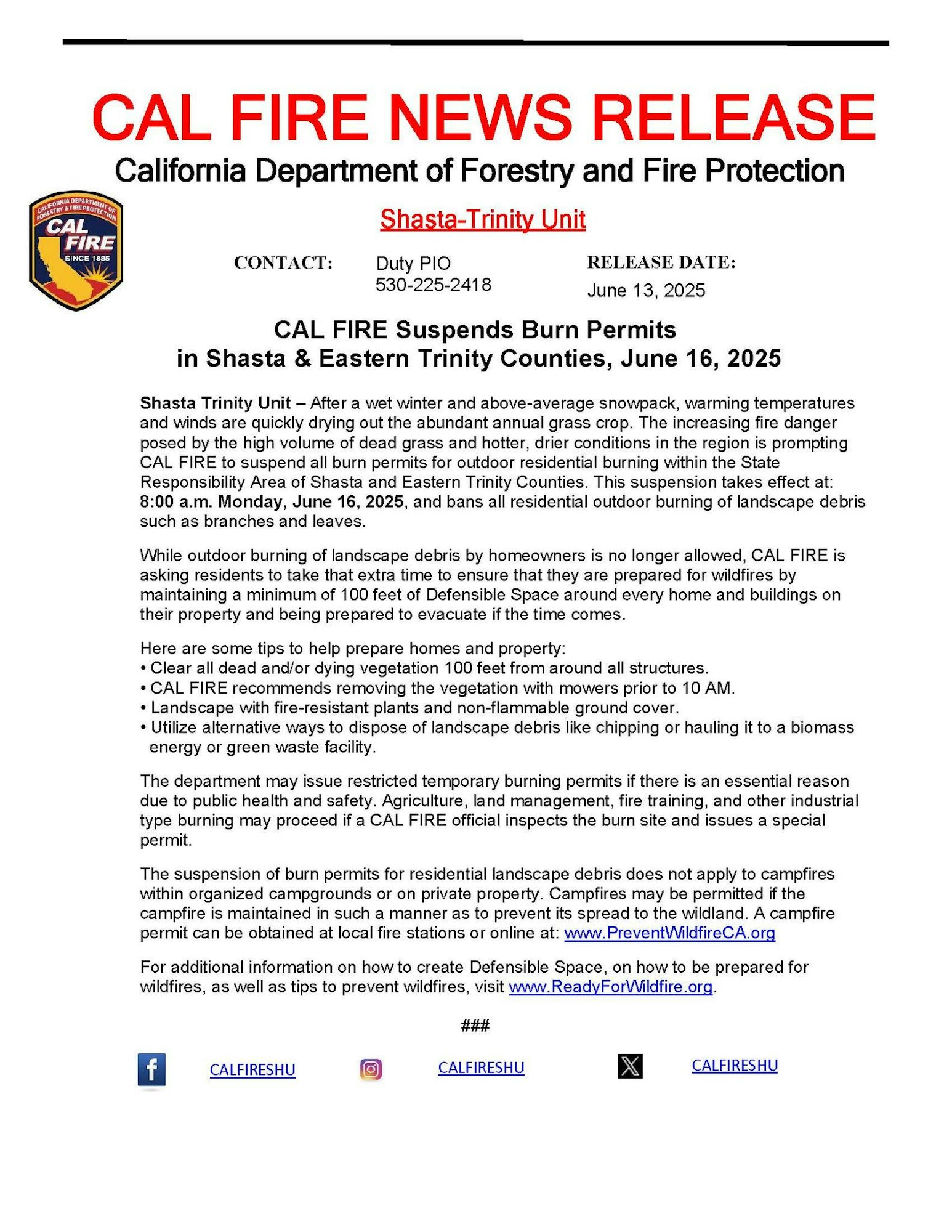 CAL FIRE suspends burn permits in Shasta & Eastern Trinity Counties effective June 16, 2025, due to fire danger.