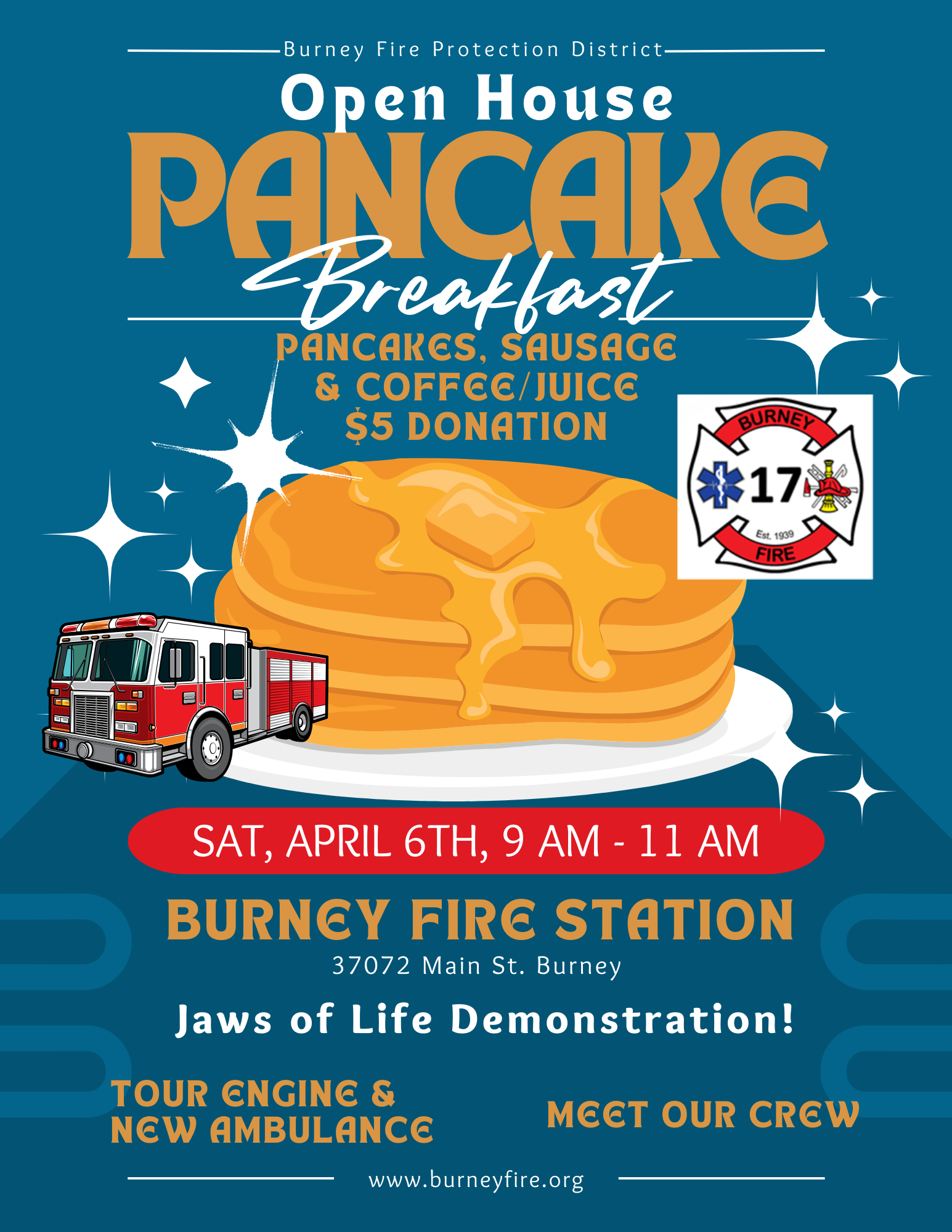Poster advertising a pancake breakfast event at Burney Fire Station with a tour and meet-the-crew opportunity.