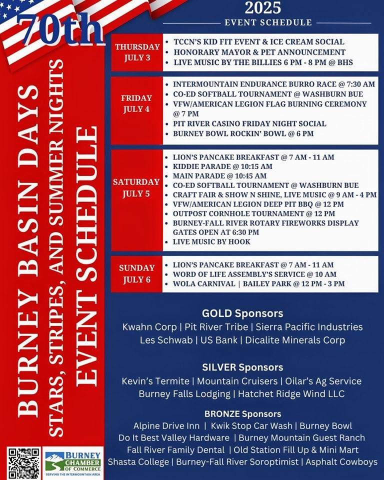 Burney Basin Days 2025 schedule: activities from July 3-6, including parades, music, sports, and fireworks. Sponsors listed.