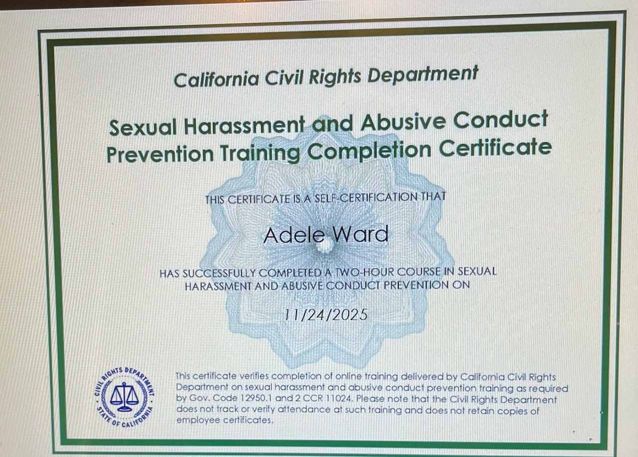 A certificate confirming completion of a two-hour sexual harassment prevention training course by Adele Ward, valid until 11/24/2025.