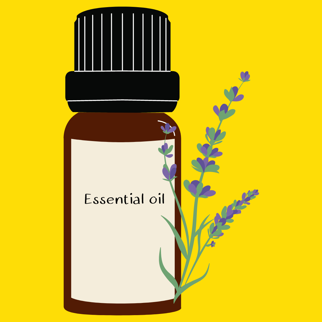A bottle labeled "Essential oil" with lavender flowers beside it on a bright yellow background.