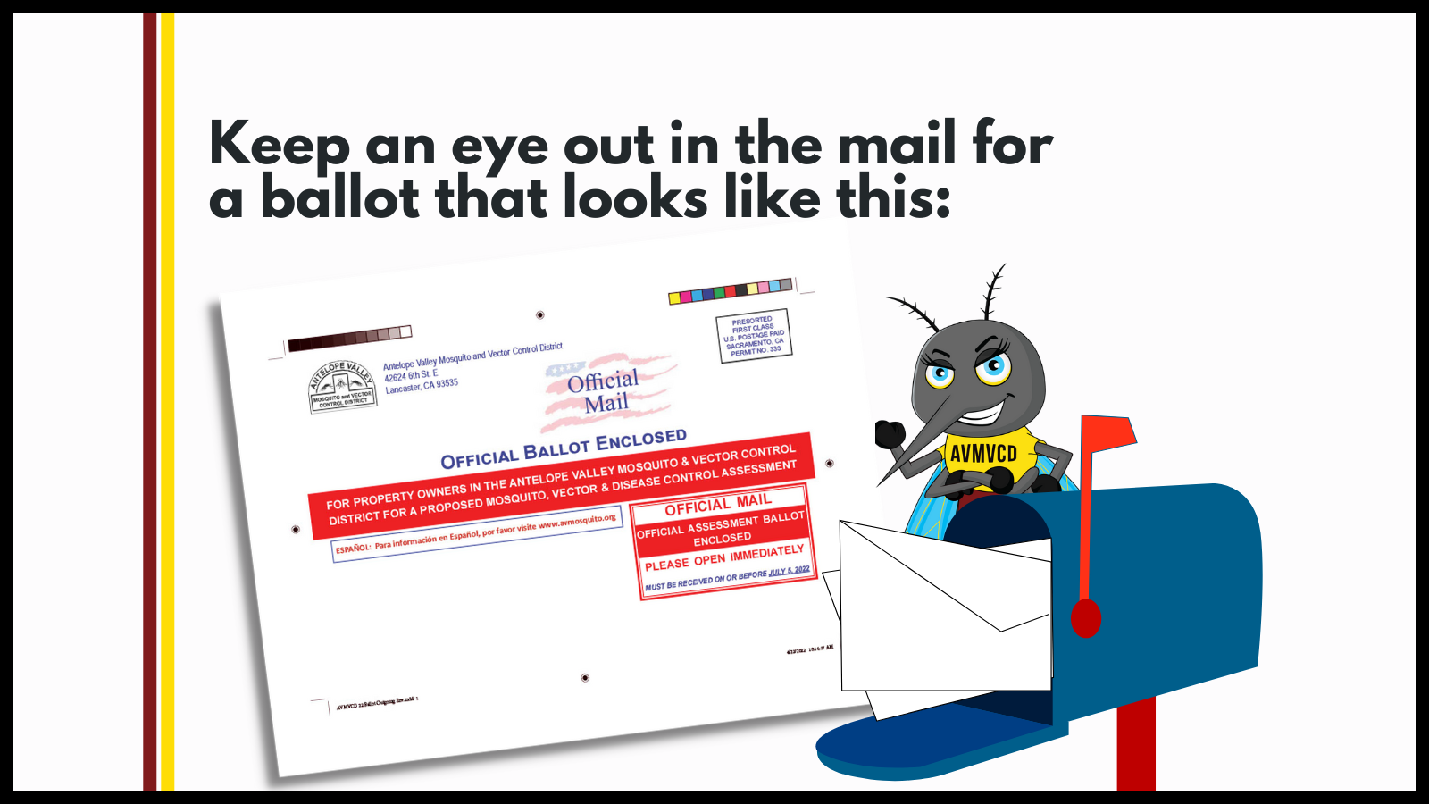 The image alerts residents to expect an official ballot in the mail for a mosquito control assessment.