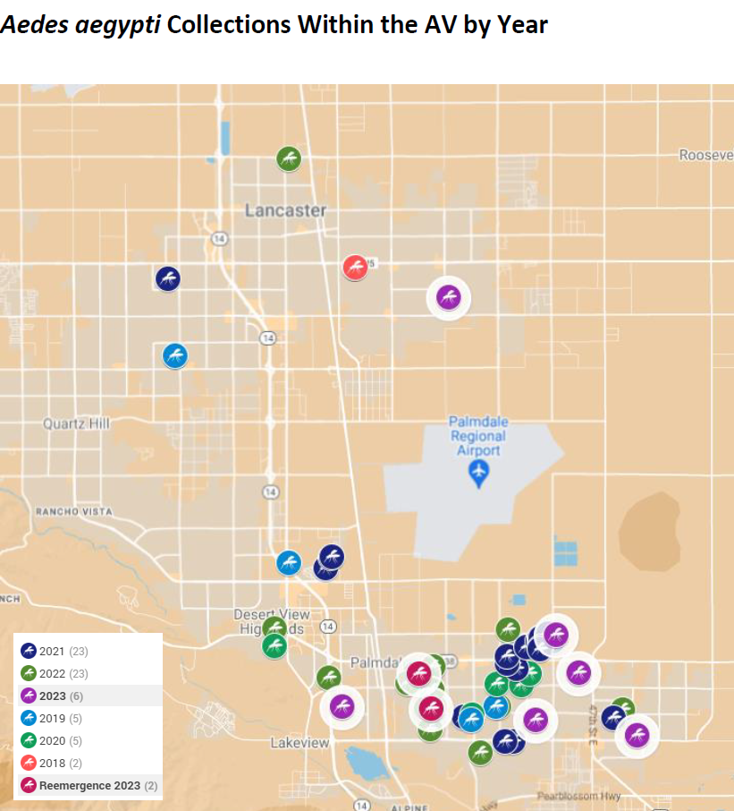 The image is a map showing Aedes aegypti collections in the Antelope Valley over various years, with colors indicating different years.