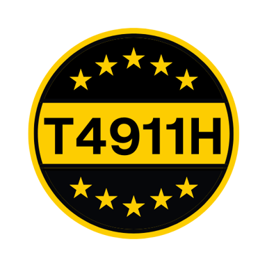 The image features a circular emblem with yellow stars and the text "T4911H" on a black background.