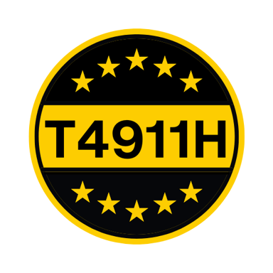 The image features a circular emblem with yellow stars and the text "T4911H" on a black background.