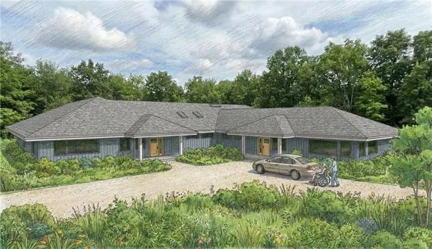 The image features an artistic rendering of a modern house surrounded by greenery and a driveway with a car and people.