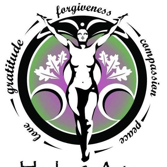 A stylized figure with words: forgiveness, compassion, peace, love, gratitude; surrounded by leaves and abstract patterns.