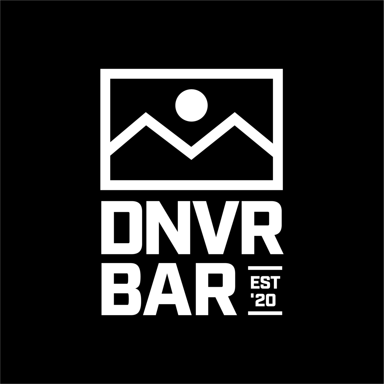 Logo with mountain and sun design, text "DNVR BAR" and "EST '20" in white on a black background.