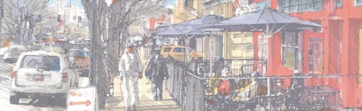A street scene with cars, people walking, and a sidewalk café with outdoor seating under umbrellas.