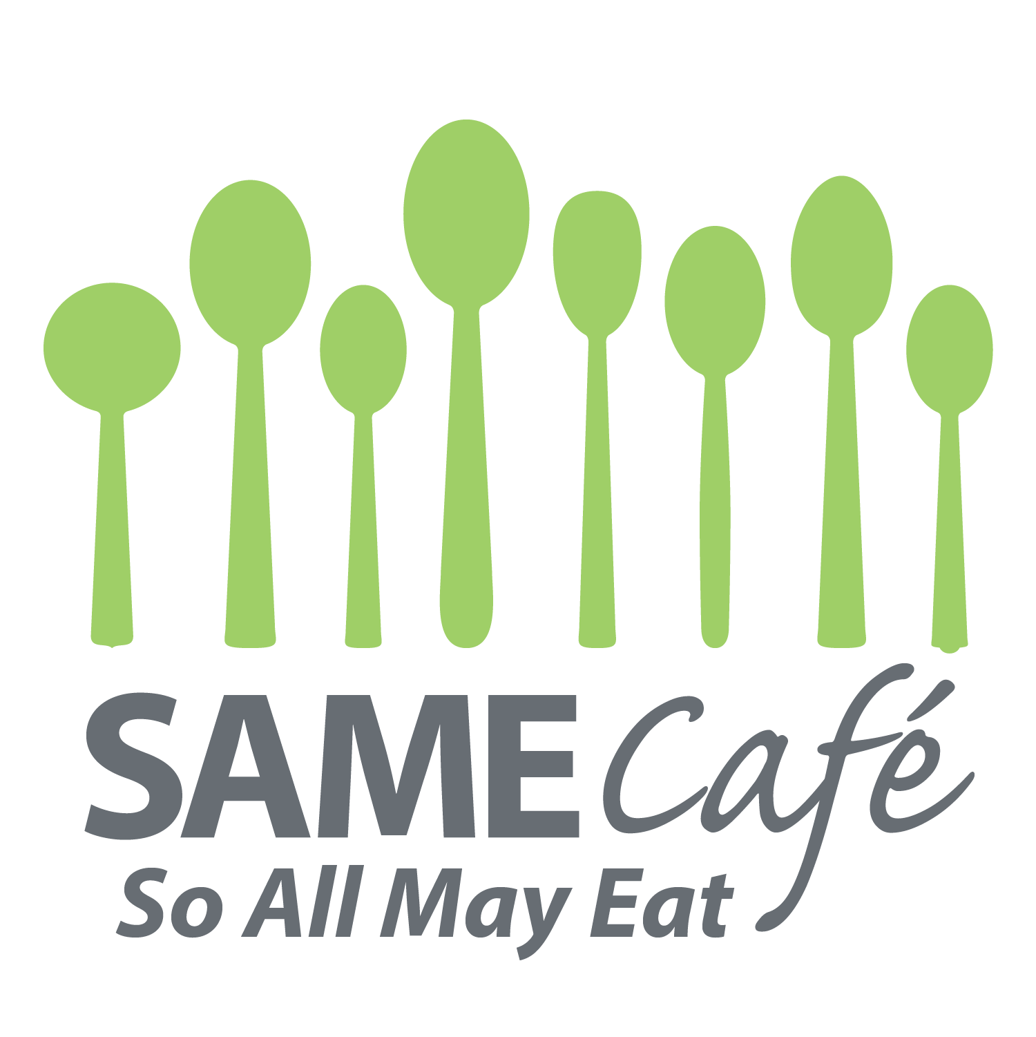 Green spoon silhouettes above the text "SAME Café So All May Eat."