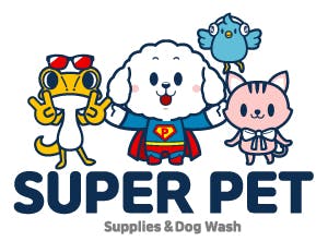Cartoon animals: dog in superhero costume, cat with bow, bird, and gecko with sunglasses. Text: "SUPER PET Supplies & Dog Wash."