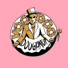 Logo of "Voodoo Doughnut" with a cartoon character in a suit and doughnuts forming the word "Voodoo."