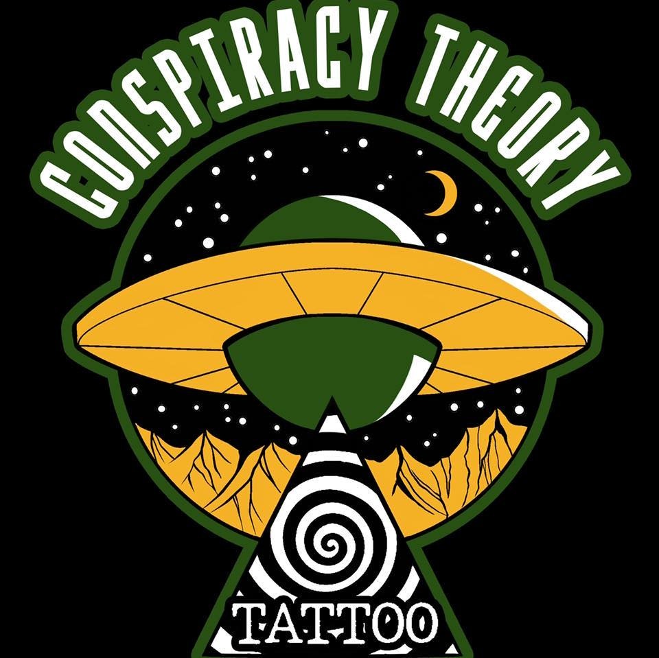 UFO and pyramid design with text "Conspiracy Theory Tattoo" in bold letters, with a starry background and crescent moon.