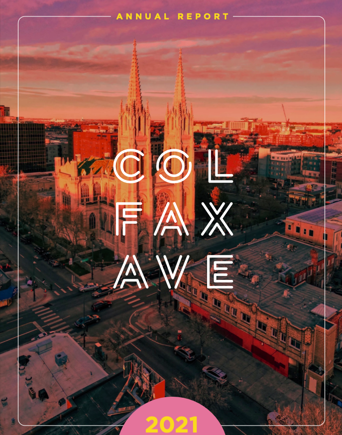 Aerial view of a church and street, with "Colfax Ave" and "2021 Annual Report" text overlaid.