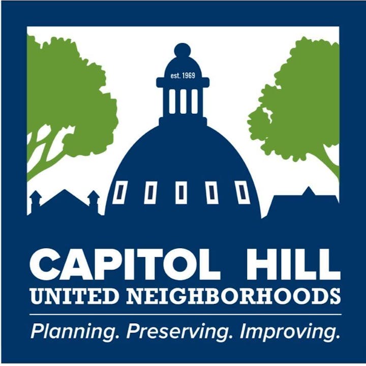 Capitol Hill United Neighborhoods logo with trees, building silhouette, and text: "Planning. Preserving. Improving." Established 1969.
