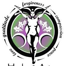 The image features a logo with a central figure surrounded by words like "forgiveness," "gratitude," and "peace," emphasizing positivity and values.