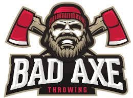 The image features a logo for "Bad Axe Throwing," depicting a tough-looking man with axes and a bold design.