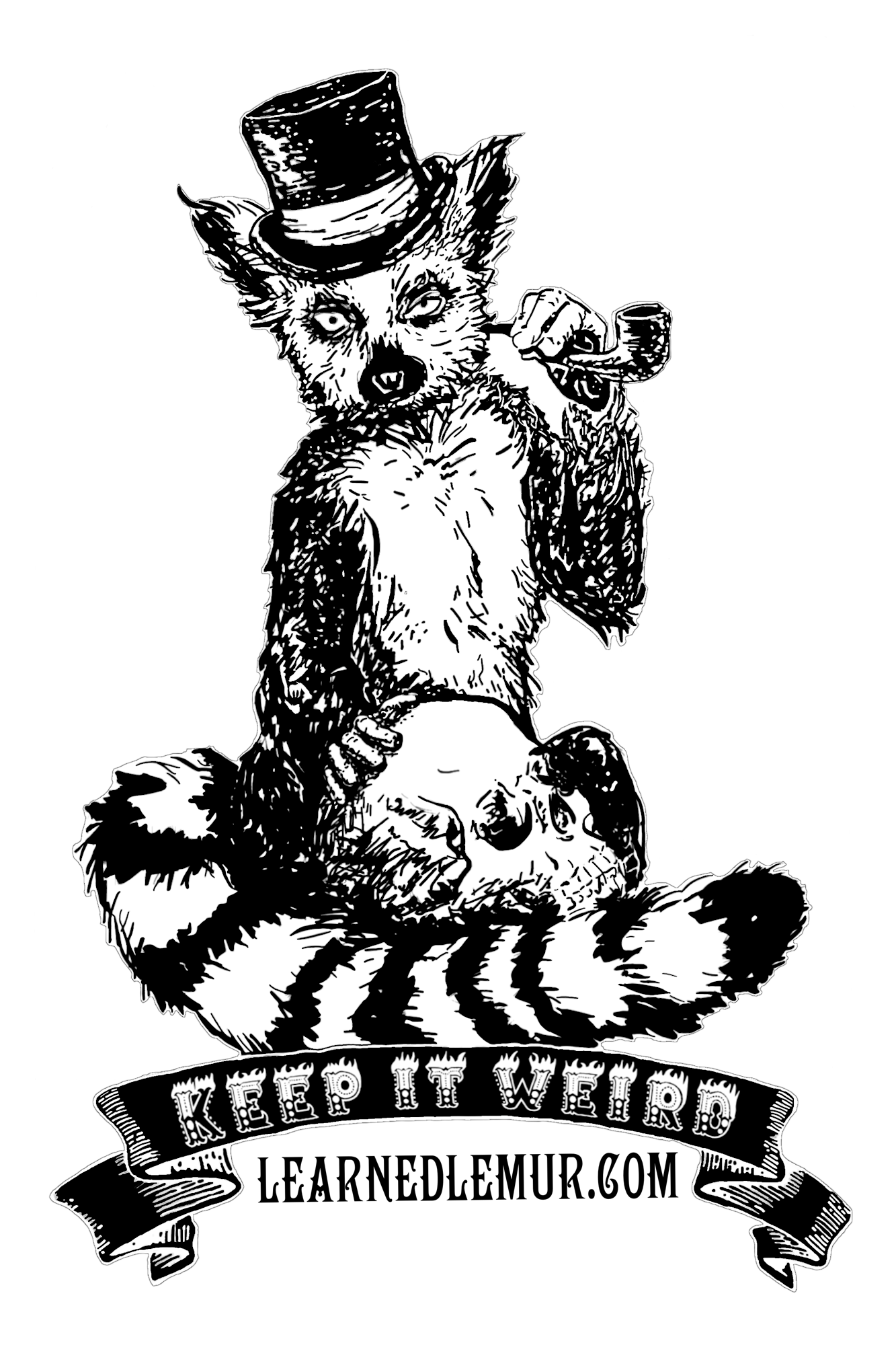 A lemur wearing a top hat, holding a pipe and a skull, with "Keep It Weird" text below.