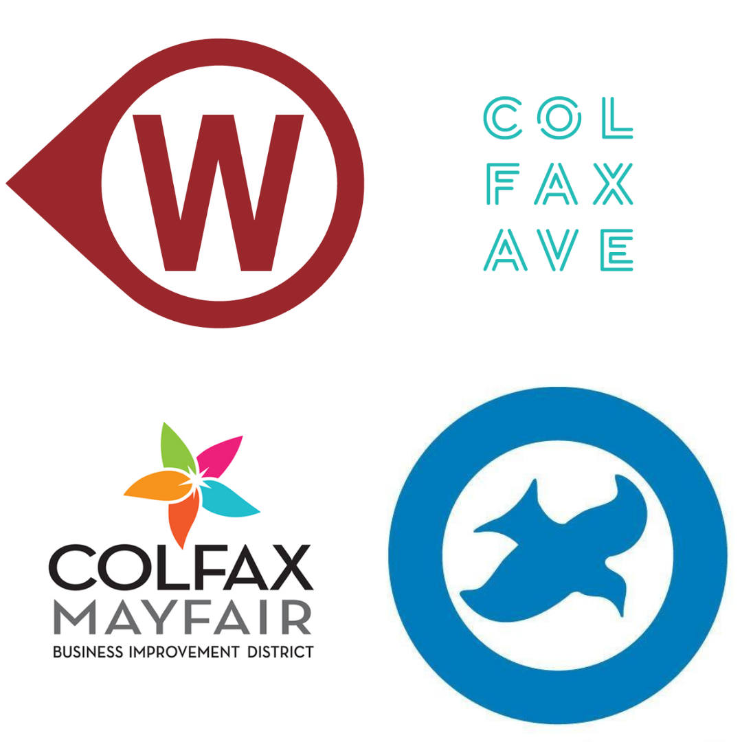 Logos for "COLFAX AVE," a maroon "W," Colfax Mayfair Business Improvement District, and a blue circle with a bird.