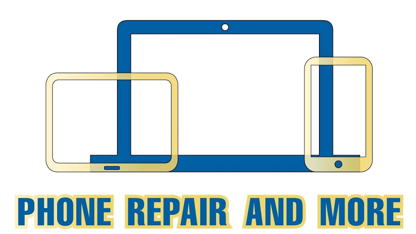 Illustration of a tablet, laptop, and phone with text "PHONE REPAIR AND MORE" below.