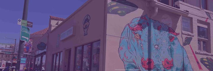 A street corner with murals of a blue bull and UFOs on a building, signs for Denver Botanic Gardens, and a tattoo shop.