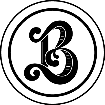 Ornate letter "B" inside two concentric circles.
