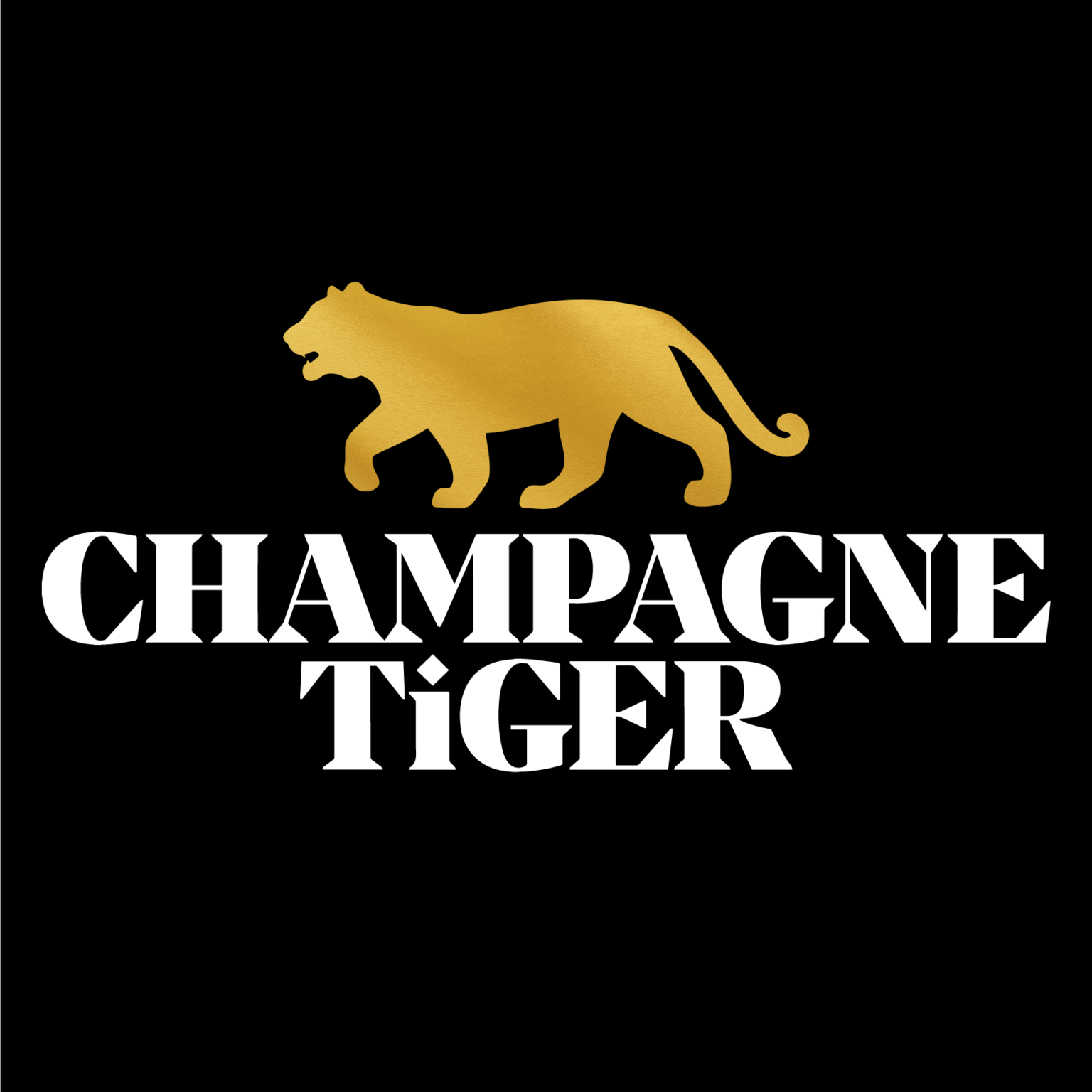 A golden tiger silhouette with the text "CHAMPAGNE TIGER" in bold white letters on a black background.