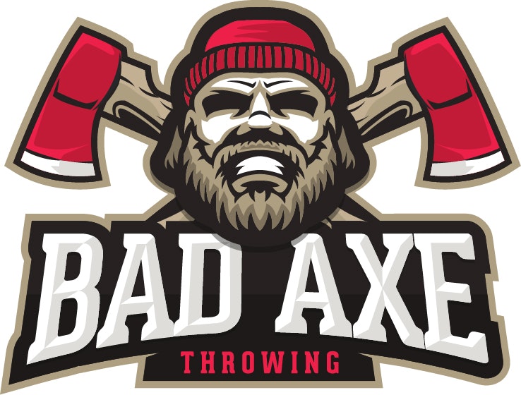 A logo with a bearded man in a beanie, crossed red axes, and text "BAD AXE THROWING."