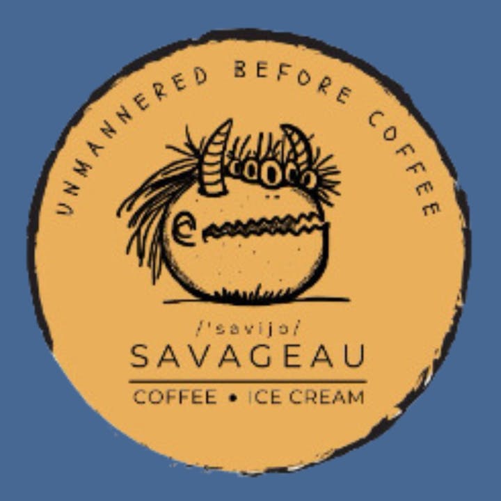 Circular logo with a cartoon face and horns, text: "UNMANNERED BEFORE COFFEE," "/ˈsavijo/ SAVAGEAU," "COFFEE • ICE CREAM."