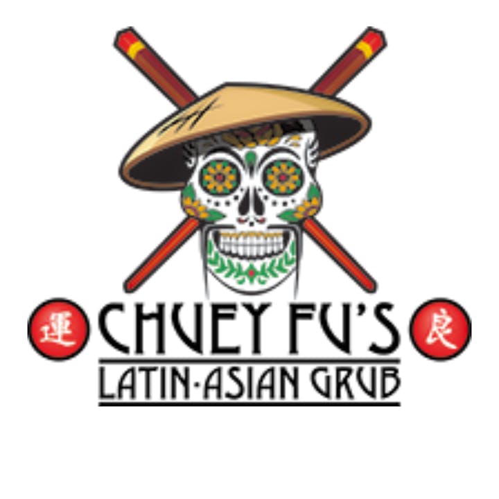 Logo with a sugar skull wearing an Asian hat, crossed chopsticks, and text: "Chuey Fu's Latin-Asian Grub."