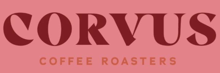 Text "CORVUS COFFEE ROASTERS" on a pink background.