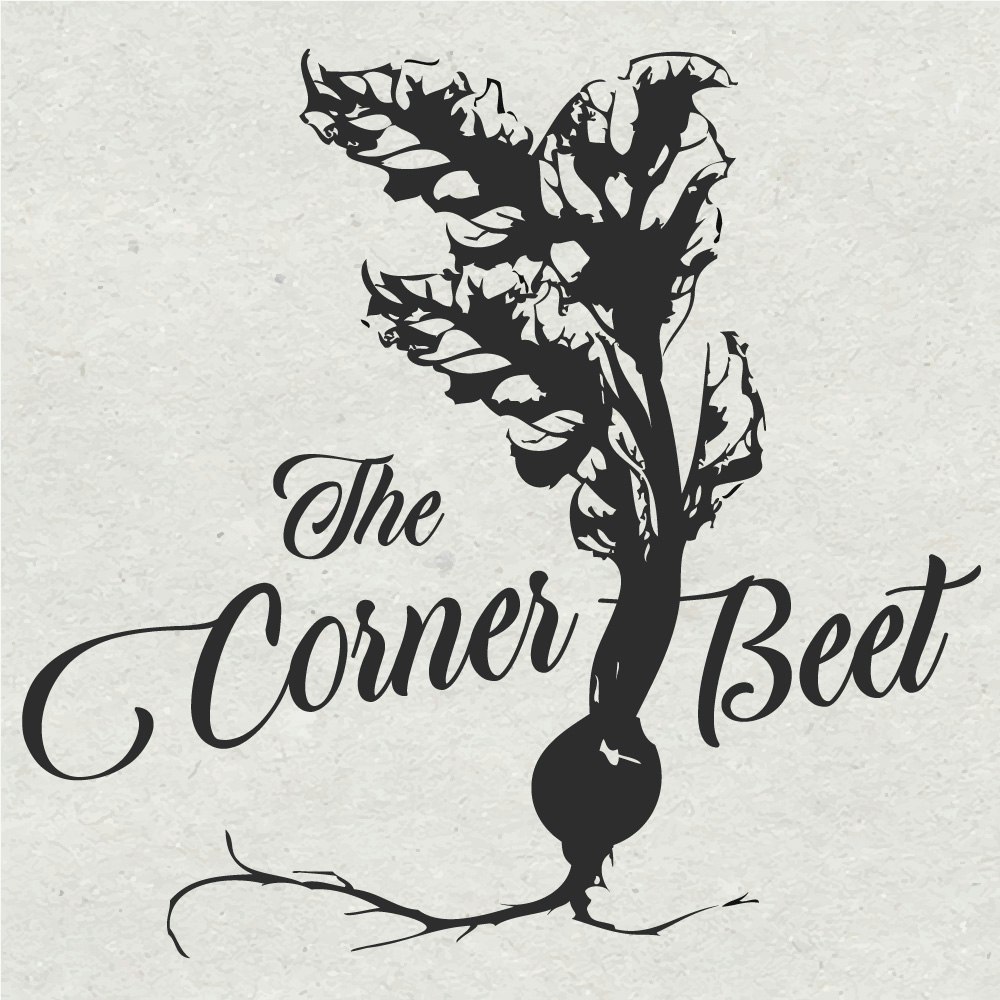 Silhouette of a beet plant with "The Corner Beet" written in decorative script.