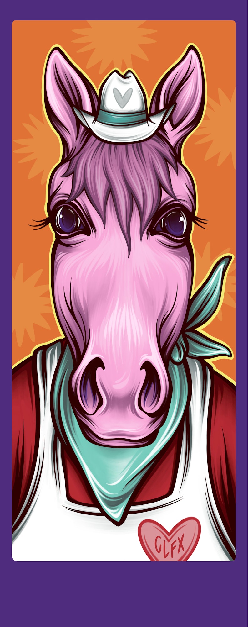 A colorful cartoon-style illustration of a pink horse wearing a hat and a scarf, set against a vibrant background.
