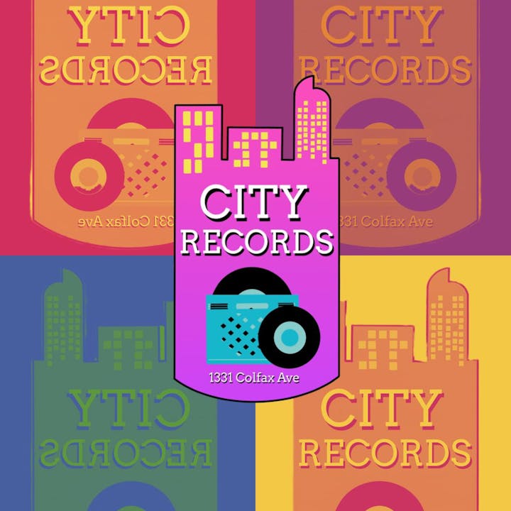 Colorful "CITY RECORDS" logo with a boombox motif, address "1331 Colfax Ave," set against a retro background.