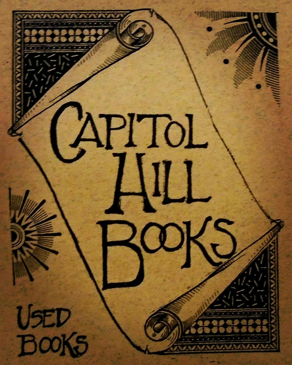 Scroll with "Capitol Hill Books" and "Used Books" text; decorative design.