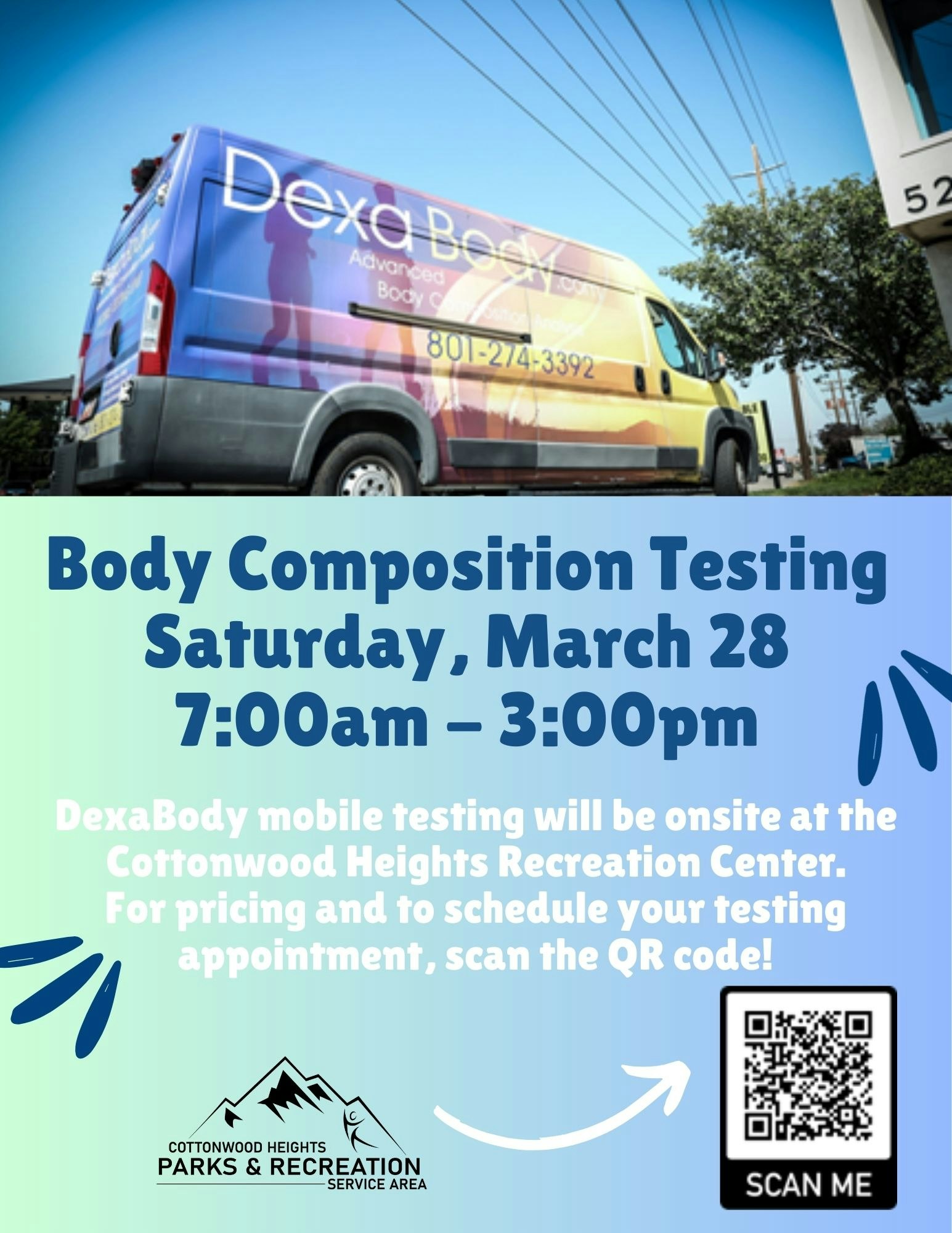 DexaBody mobile testing for body composition is on March 28, 7 AM - 3 PM at Cottonwood Heights Recreation Center. Scan for details!