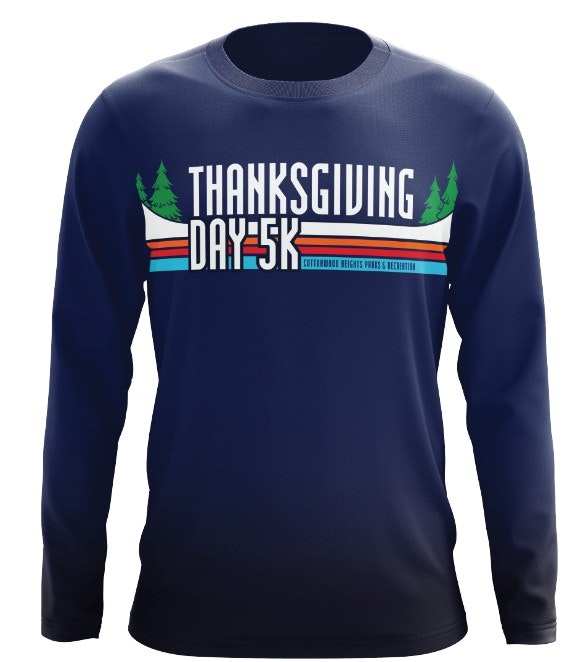 Navy long-sleeve shirt with "THANKSGIVING DAY 5K" and trees graphic.