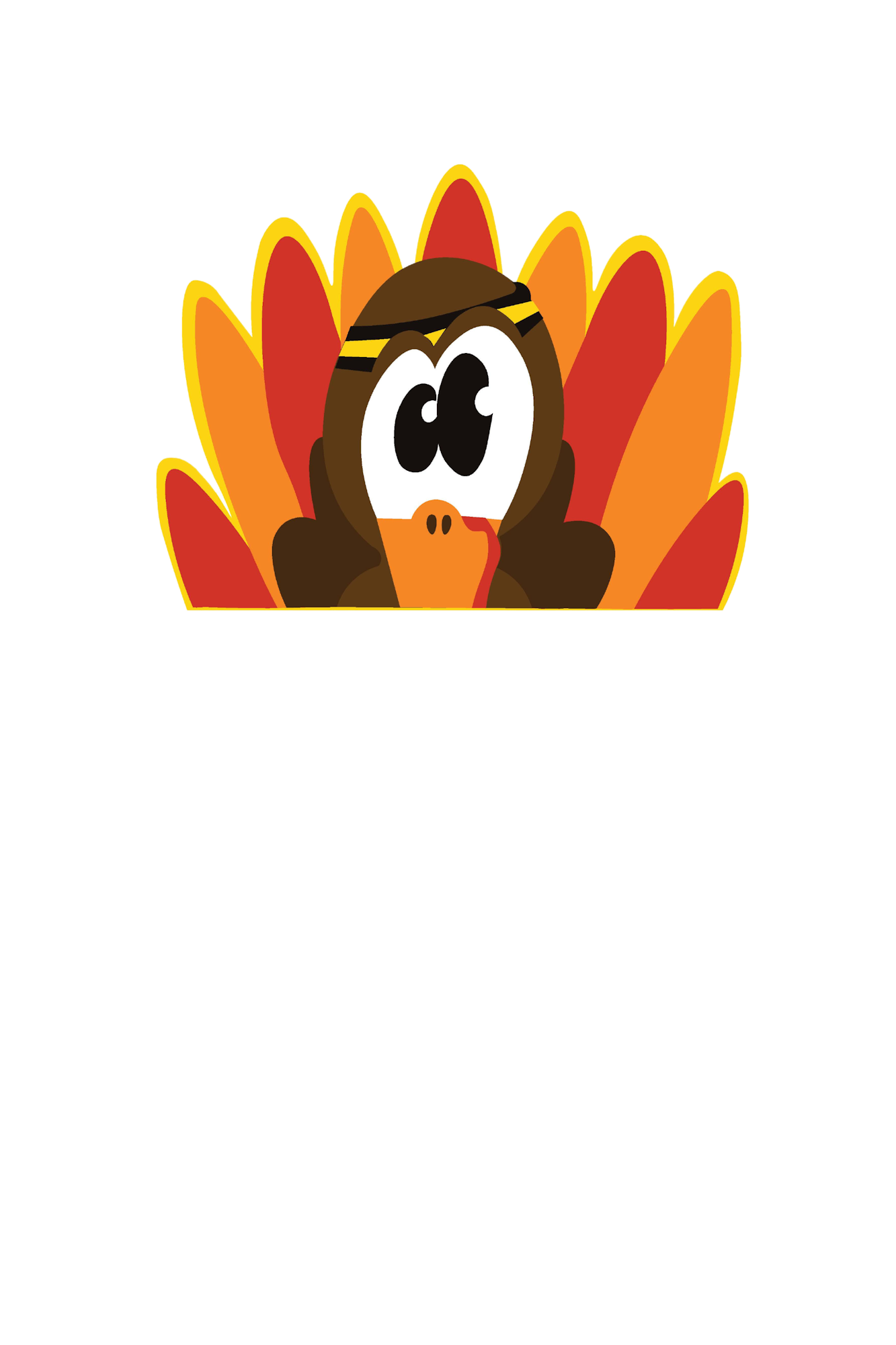 A cartoon turkey peeking from the bottom with large eyes and colorful feathers.