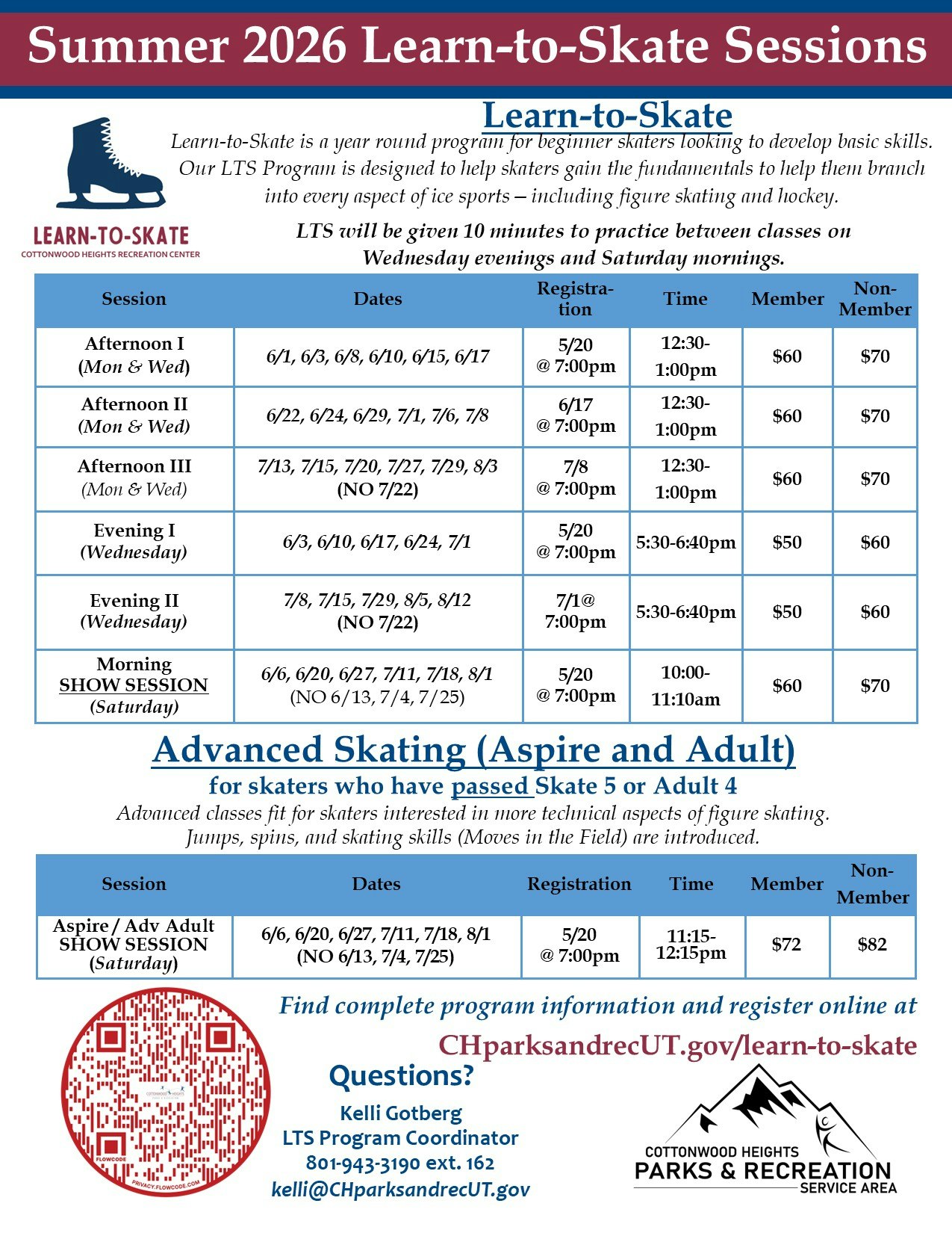 The image shows a schedule for summer 2026 Learn-to-Skate sessions, including dates, registration info, and pricing for members and non-members.
