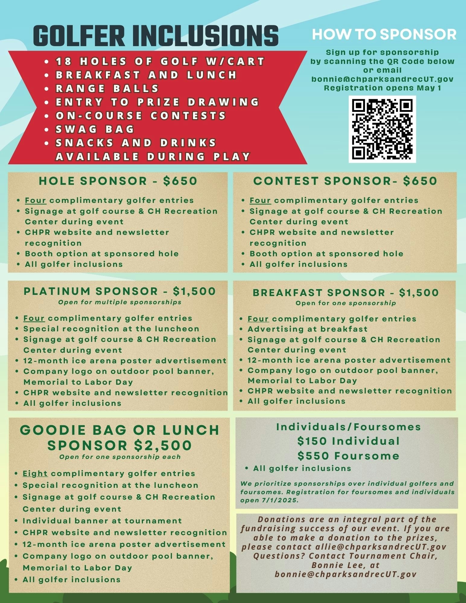 Golf event sponsorship details with packages ranging from $650 to $2,500, featuring 18 holes, meals, and various benefits.