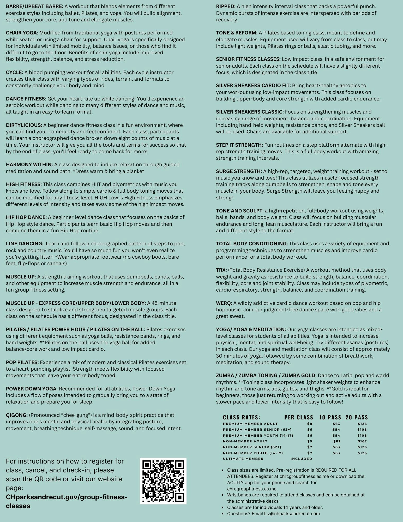 The image lists various fitness classes, their descriptions, and pricing for yoga, strength training, dance, and more.