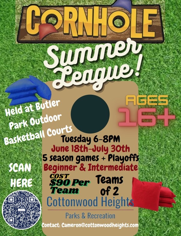 It's a flyer for a Cornhole Summer League for ages 16+, with details on schedule, location, cost, and contact information.