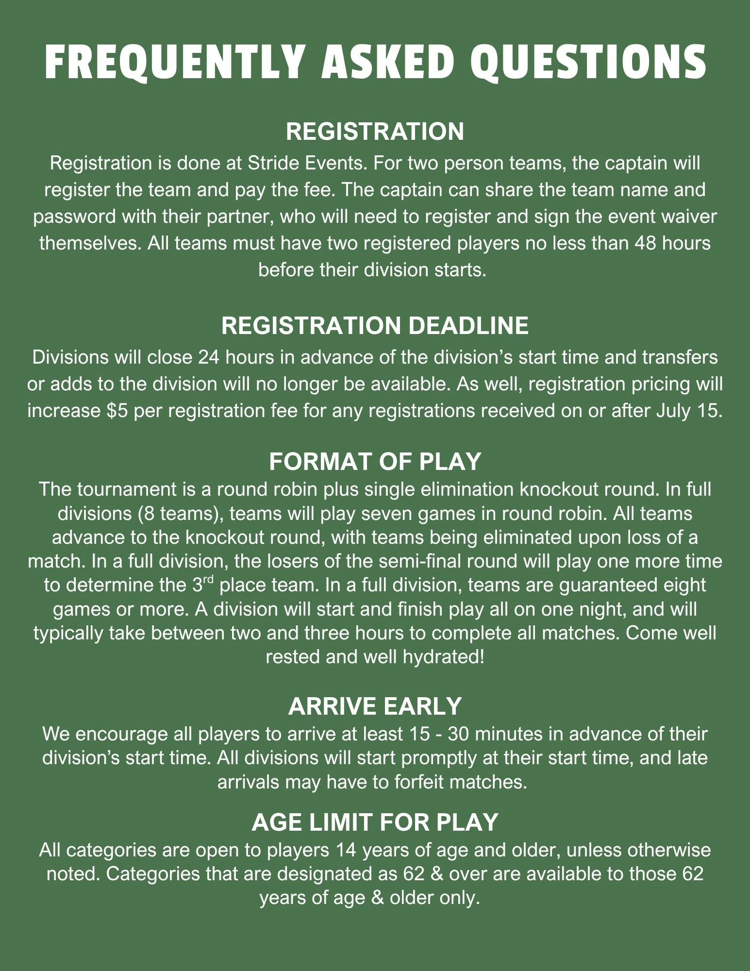 FAQ covering registration, deadlines, tournament format, arrival time, and age limits for a two-person team event.