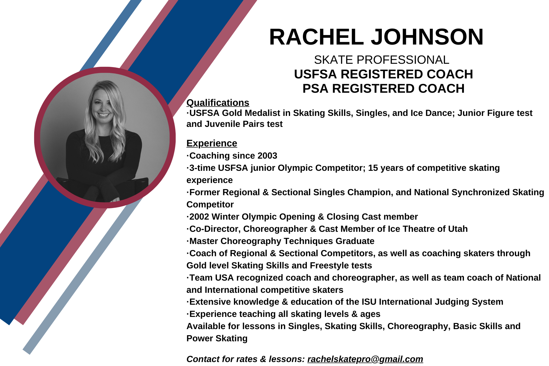 A professional skating coach's resume with qualifications, experience, and contact information.