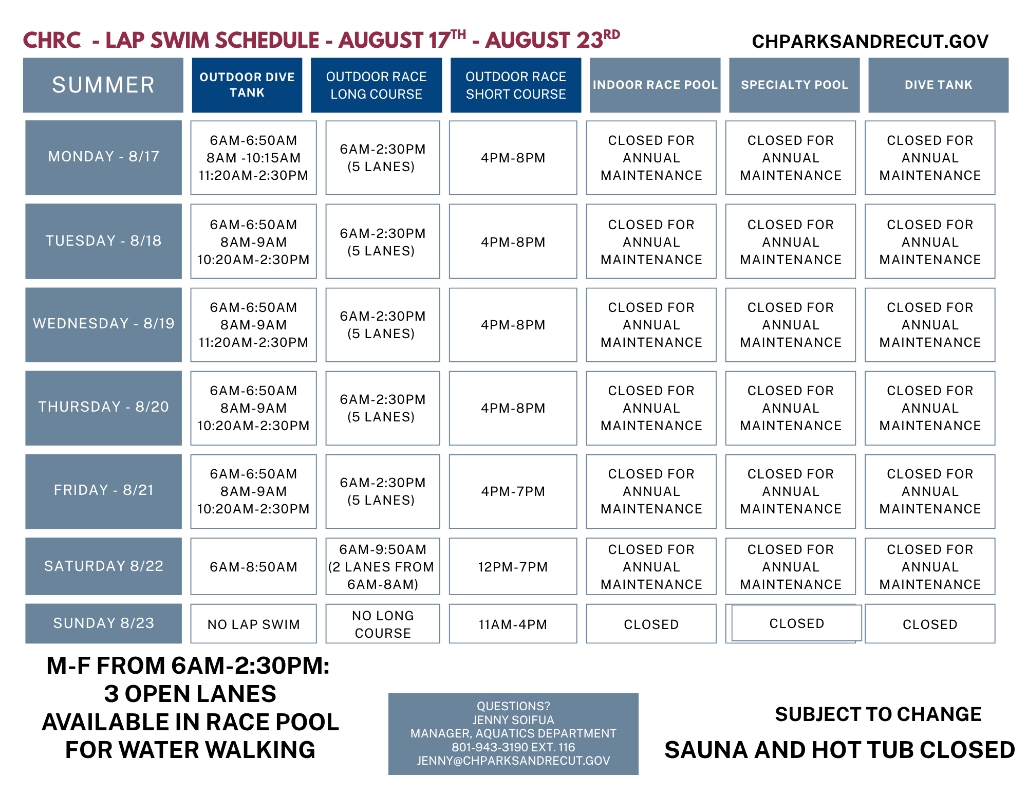 This image shows the lap swim schedule for a facility from August 17th to August 23rd, highlighting pool availability and maintenance.