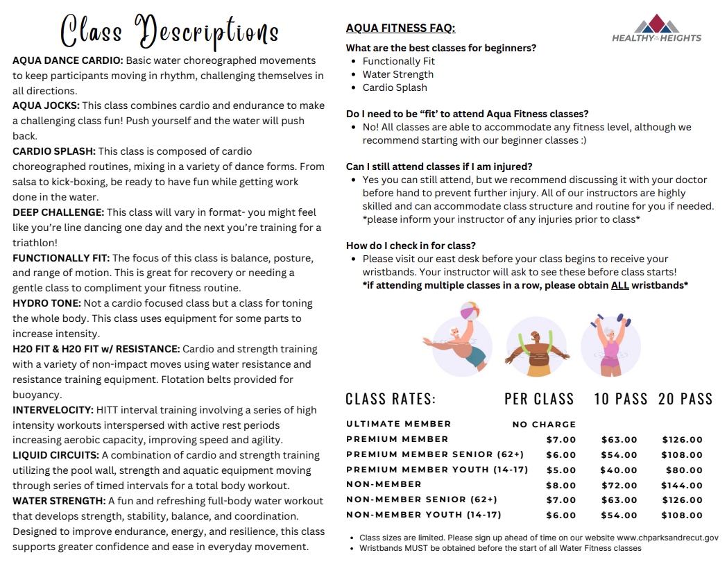 Aqua fitness class descriptions, FAQs, and pricing for different membership levels at Healthy Heights.