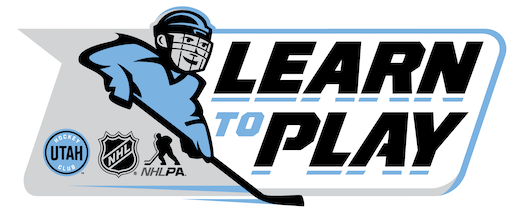 Cartoon hockey player graphic with "Learn to Play" text, Utah hockey club, NHL, and NHLPA logos.