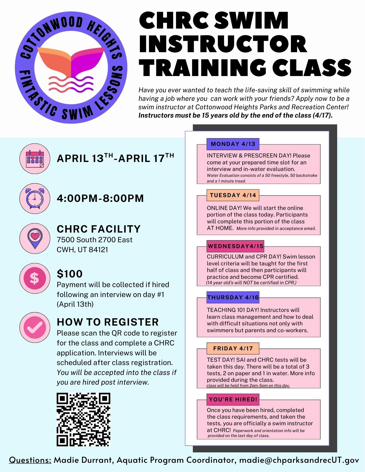 CHRC is offering a swim instructor training class from April 13-17. Must be 15+, $100 fee upon hiring. Registration required.